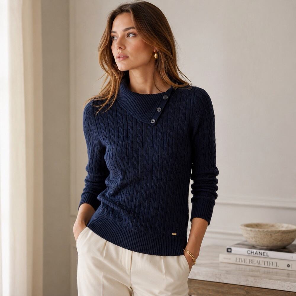Tommy Hilfiger Womens Cable Knit Sweater Large Navy Blue Asymmetrical Button